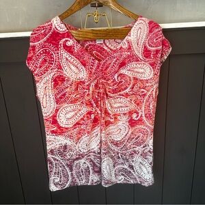 Liz Clairborne Womens Cap Sleeve‎ Blouse Red Pink Ombre Paisley top size 1X
